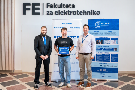 From left: Luka Kavčič from Product Validation, competition winner Tilen Plahuta, and Jaka Ivančič, Deputy Head of Hardware Engineering.